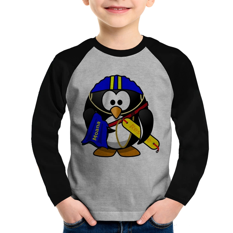Camiseta Raglan Infantil Pinguim Salva Vidas Manga Longa - Cinza/Preto