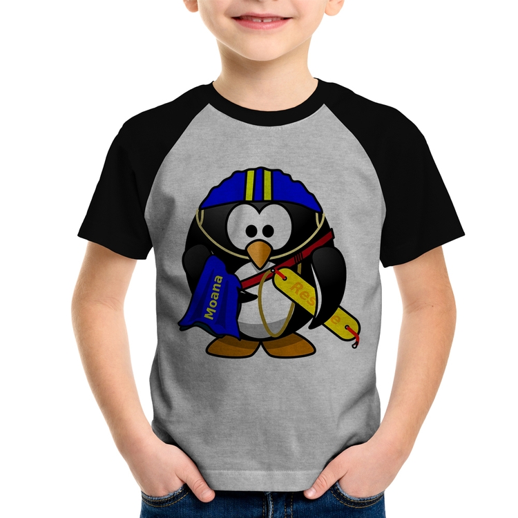 Camiseta Raglan Infantil Pinguim Salva Vidas - Cinza/Preto