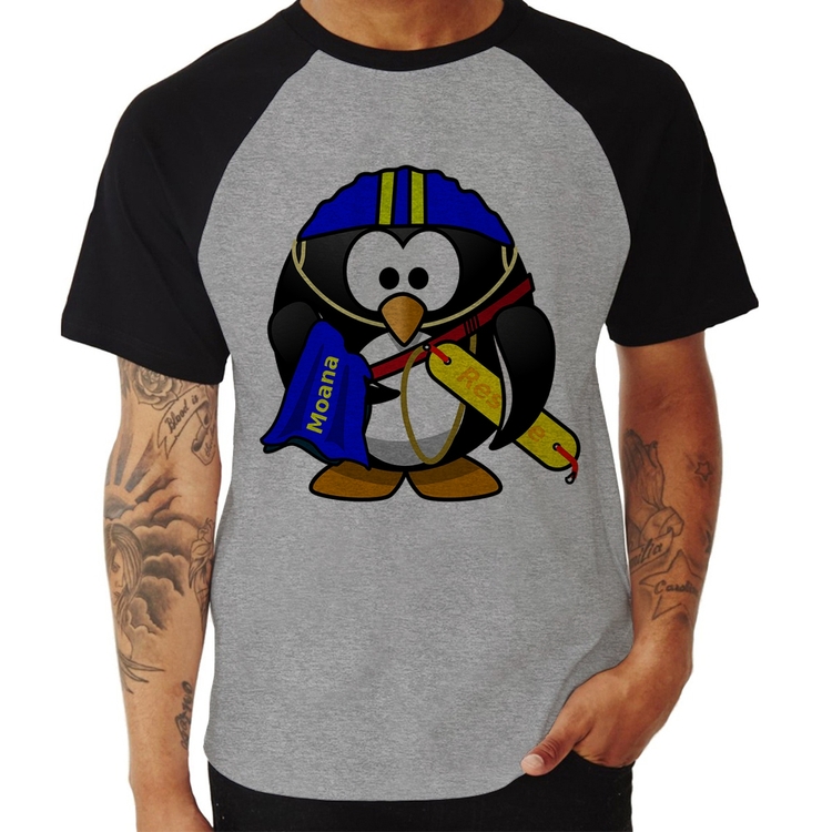 Camiseta Raglan Pinguim Salva Vidas - Cinza/Preto