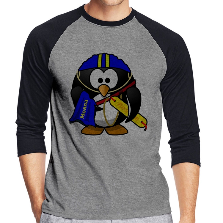 Camiseta Raglan Pinguim Salva Vidas Manga 3/4 - Cinza/Preto