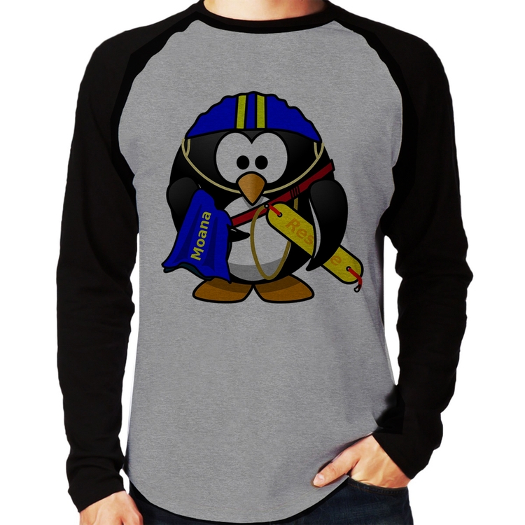 Camiseta Raglan Pinguim Salva Vidas Manga Longa - Cinza/Preto