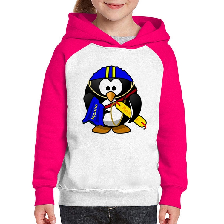 Moletom Infantil Pinguim Salva Vidas - Branco/Rosa