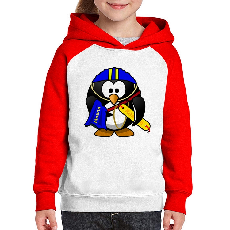 Moletom Infantil Pinguim Salva Vidas - Branco/Vermelho
