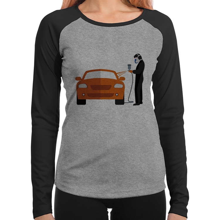 Baby Look Raglan Pintor Automotivo Manga Longa - Cinza/Preto