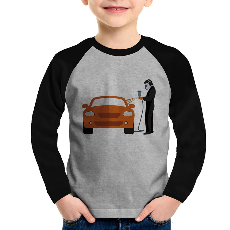 Camiseta Raglan Infantil Pintor Automotivo Manga Longa - Cinza/Preto