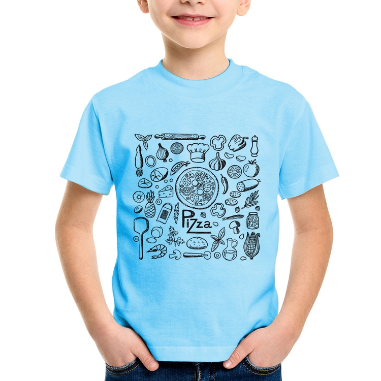 Camiseta Infantil Pizza Elementos - Azul Bebê