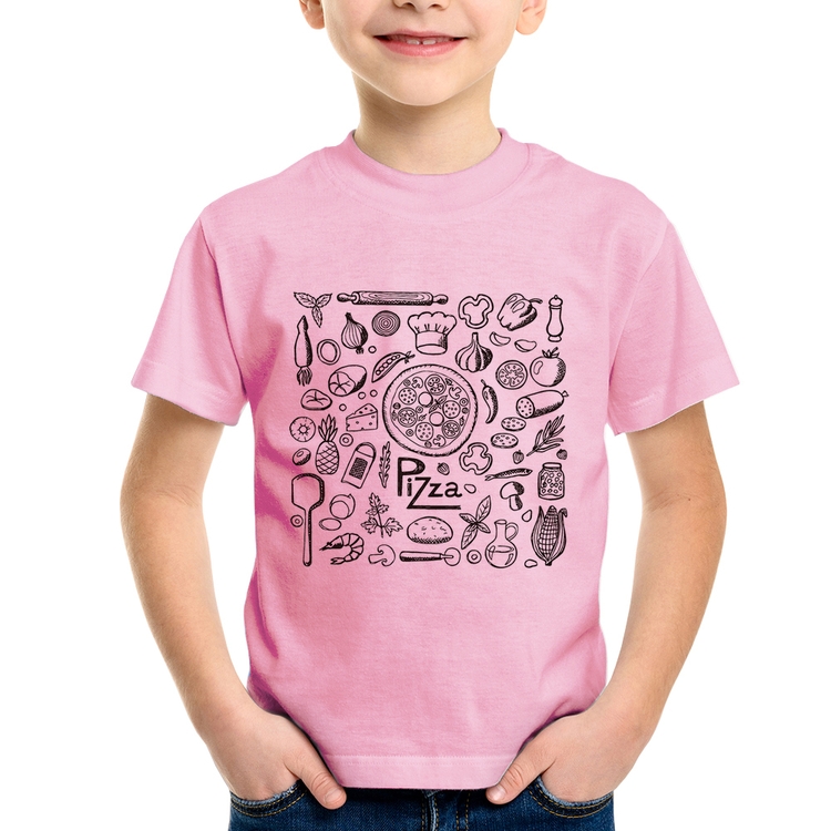 Camiseta Infantil Pizza Elementos - Rosa Bebê