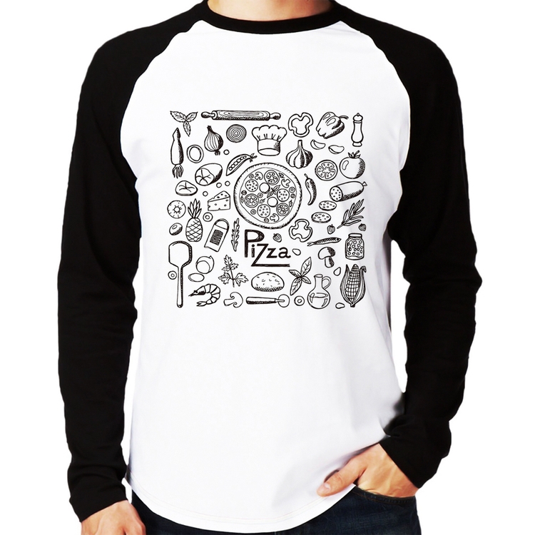 Camiseta Raglan Pizza Elementos Manga Longa