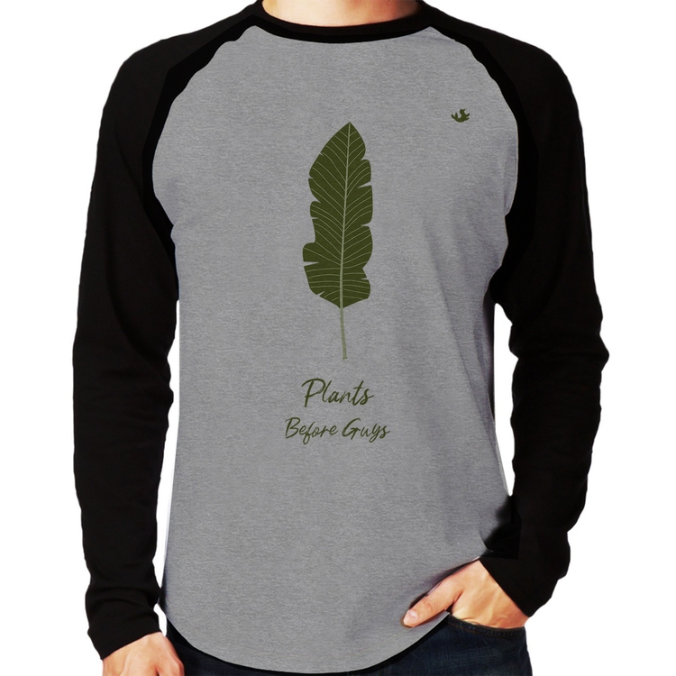 Camiseta Raglan Plants Before Guys Manga Longa - Cinza/Preto