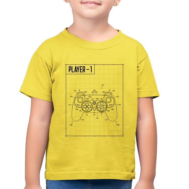 Camiseta Algodão Infantil Player 1 Controle Joystick - Amarelo Canário