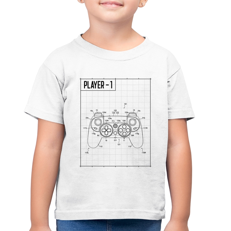 Camiseta Algodão Infantil Player 1 Controle Joystick - Branca