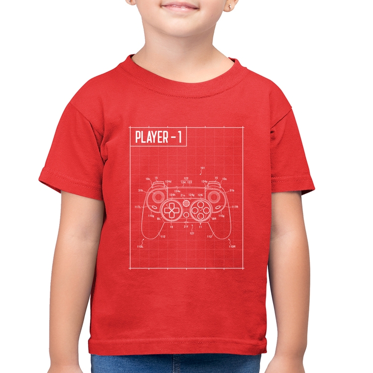 Camiseta Algodão Infantil Player 1 Controle Joystick - Vermelha
