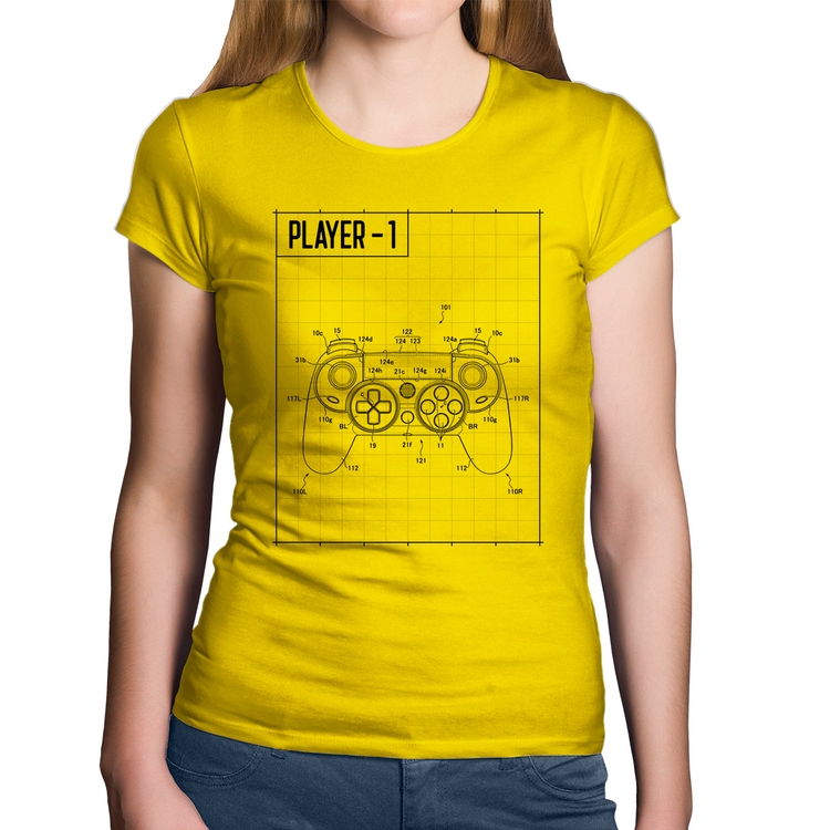 Baby Look Algodão Player 1 Controle Joystick - Amarela