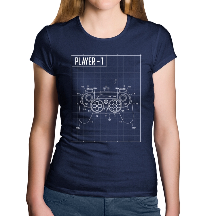 Baby Look Algodão Player 1 Controle Joystick - Marinho