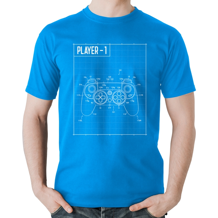Camiseta Algodão Player 1 Controle Joystick - Azul