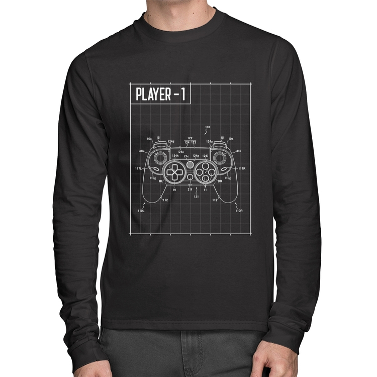 Camiseta Algodão Player 1 Controle Joystick Manga Longa