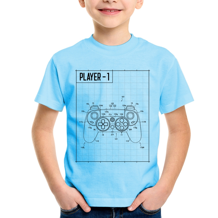 Camiseta Infantil Player 1 Controle Joystick - Azul Bebê