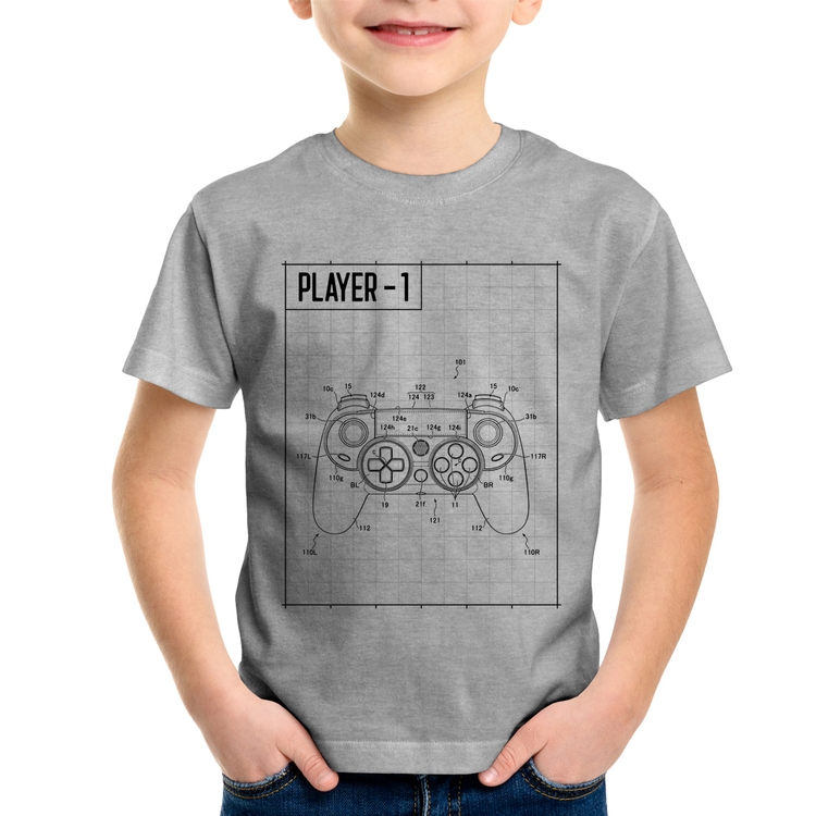 Camiseta Infantil Player 1 Controle Joystick - Cinza