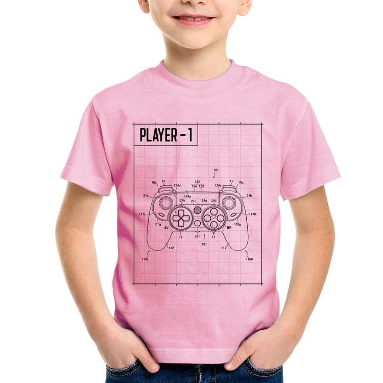 Camiseta Infantil Player 1 Controle Joystick - Rosa Bebê