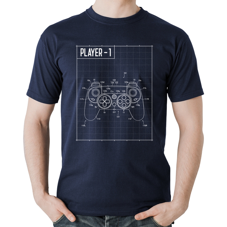 Camiseta Algodão Player 1 Controle Joystick - Marinho