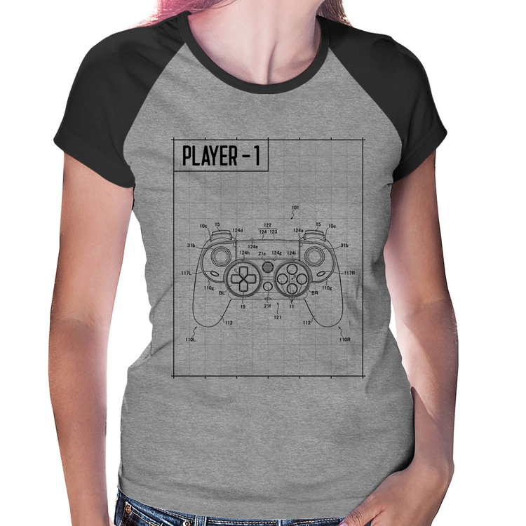 Baby Look Raglan Player 1 Controle Joystick - Cinza/Preto