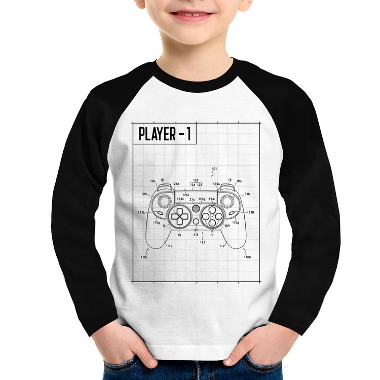 Camiseta Raglan Infantil Player 1 Controle Joystick Manga Longa