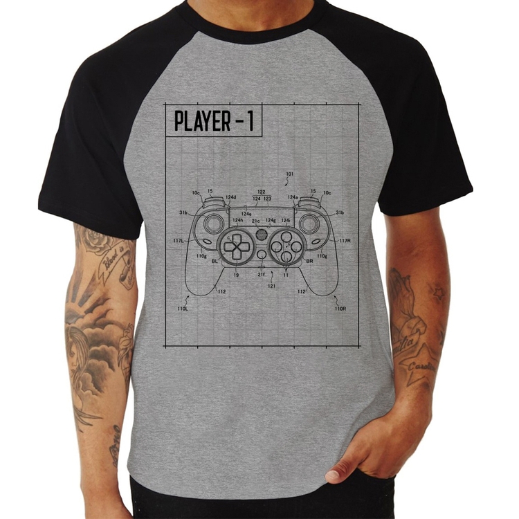 Camiseta Raglan Player 1 Controle Joystick - Cinza/Preto