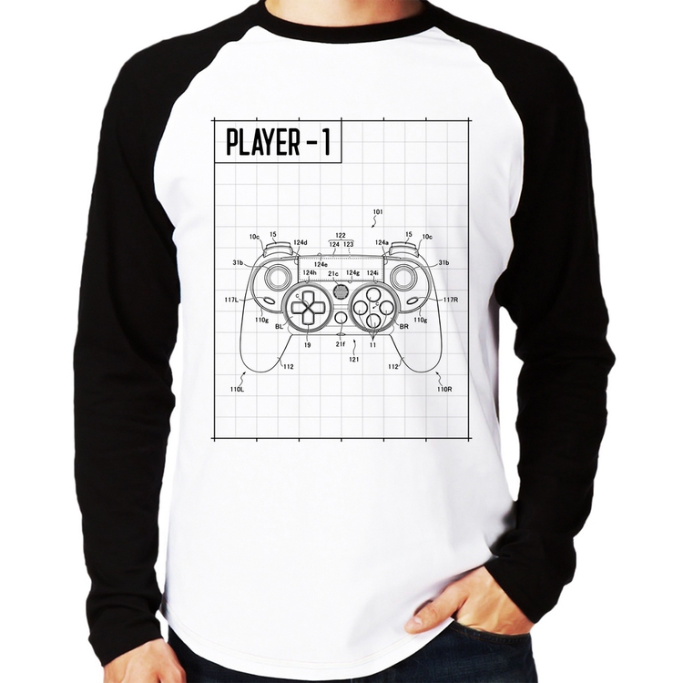 Camiseta Raglan Player 1 Controle Joystick Manga Longa