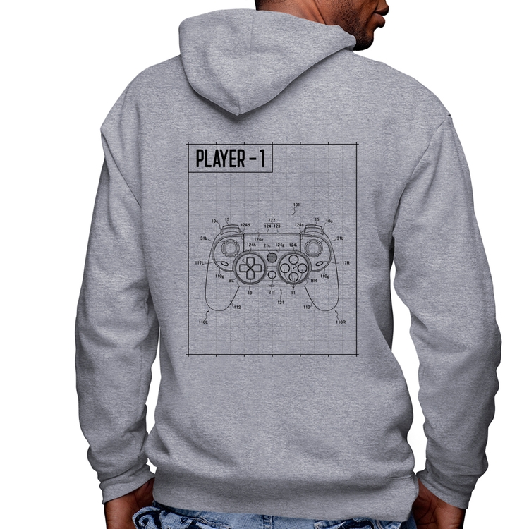 Blusa Moletom Player 1 Controle Joystick Masculina com Capuz e Zíper - Mescla