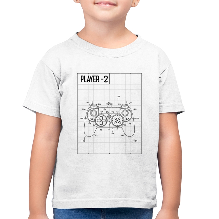 Camiseta Algodão Infantil Player 2 Controle Joystick - Branca
