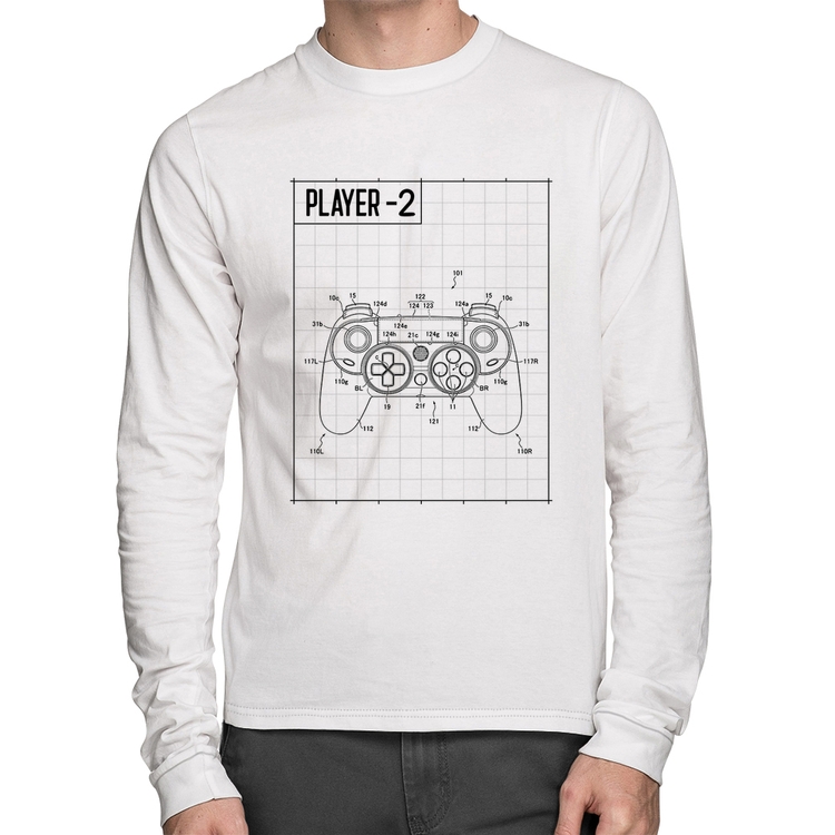 Camiseta Algodão Player 2 Controle Joystick Manga Longa - Branca