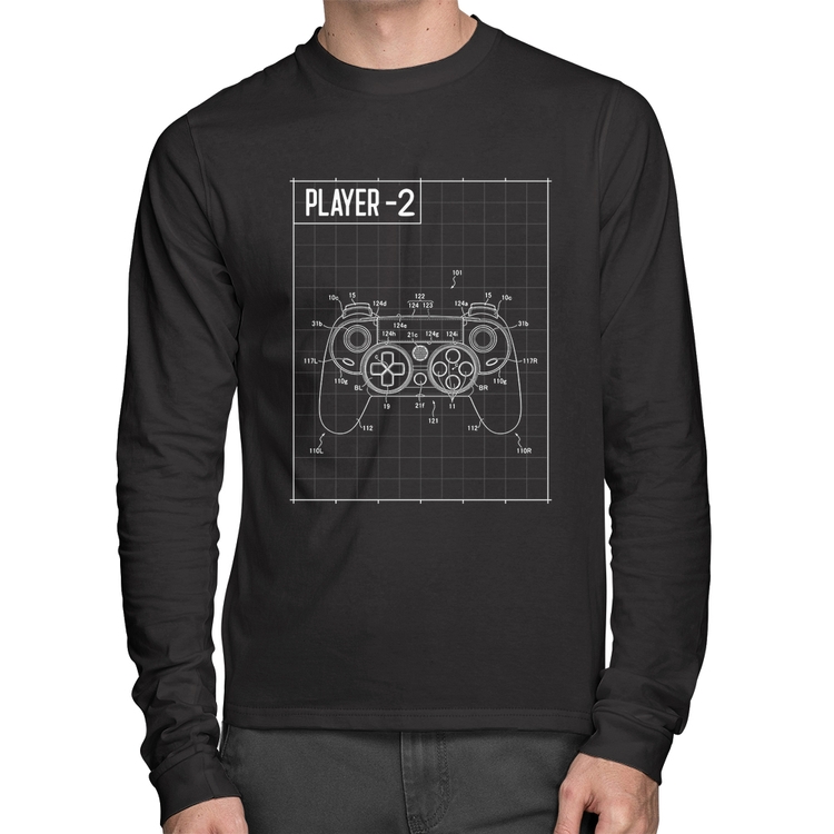 Camiseta Algodão Player 2 Controle Joystick Manga Longa