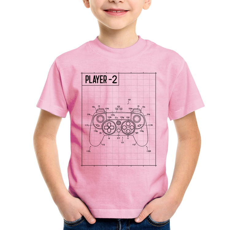 Camiseta Infantil Player 2 Controle Joystick - Rosa Bebê
