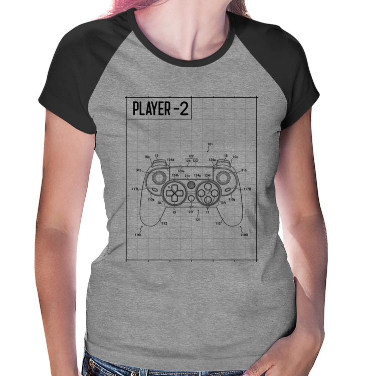 Baby Look Raglan Player 2 Controle Joystick - Cinza/Preto