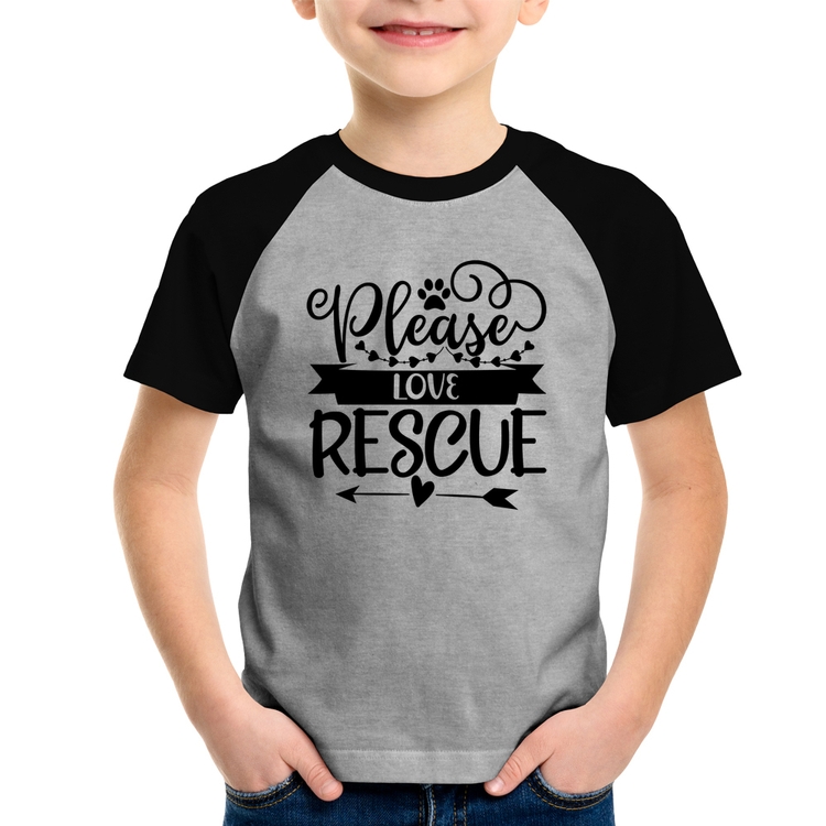 Camiseta Raglan Infantil Please Love Rescue - Cinza/Preto