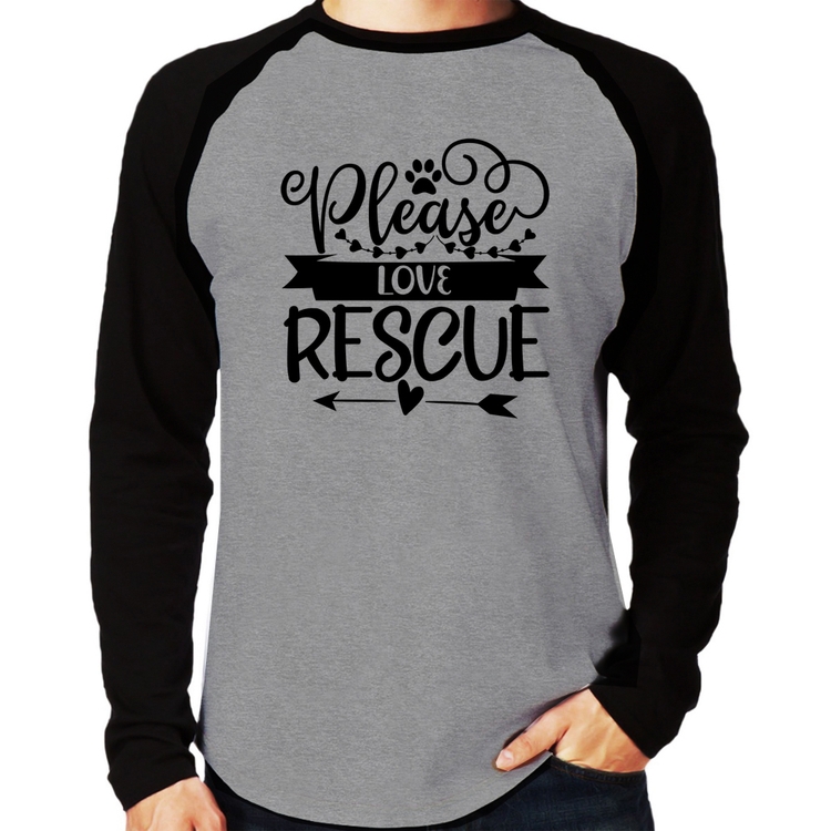 Camiseta Raglan Please Love Rescue Manga Longa - Cinza/Preto