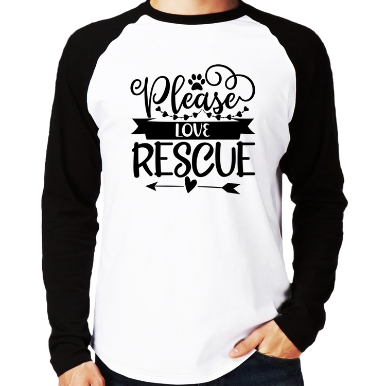 Camiseta Raglan Please Love Rescue Manga Longa
