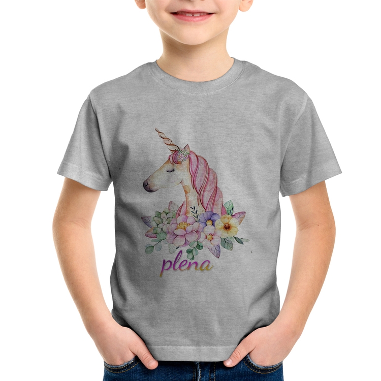 Camiseta Infantil Plena Unicórnio - Cinza
