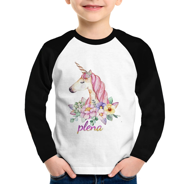 Camiseta Raglan Infantil Plena Unicórnio Manga Longa