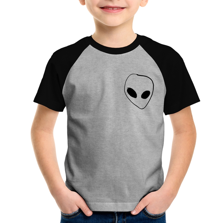 Camiseta Raglan Infantil Pocket Alien - Cinza/Preto