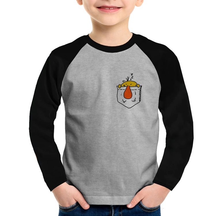 Camiseta Raglan Infantil Pocket Bug Manga Longa - Cinza/Preto
