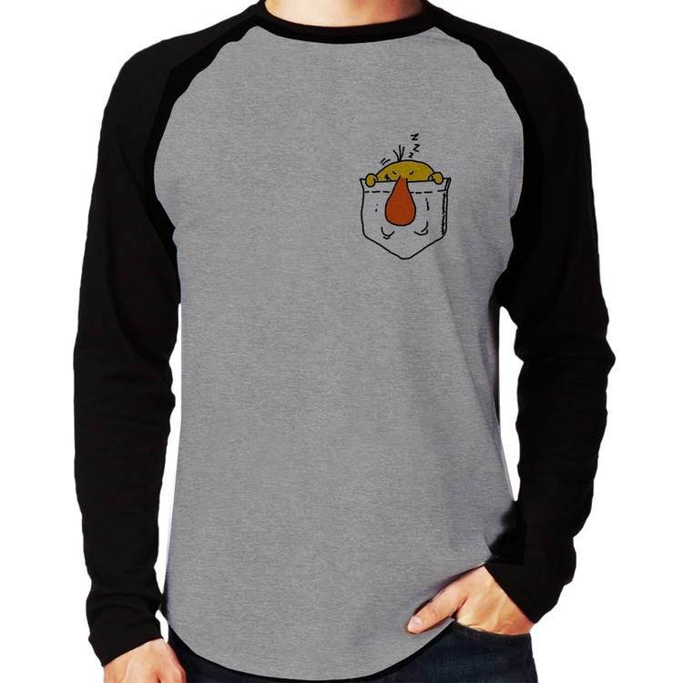 Camiseta Raglan Pocket Bug Manga Longa - Cinza/Preto