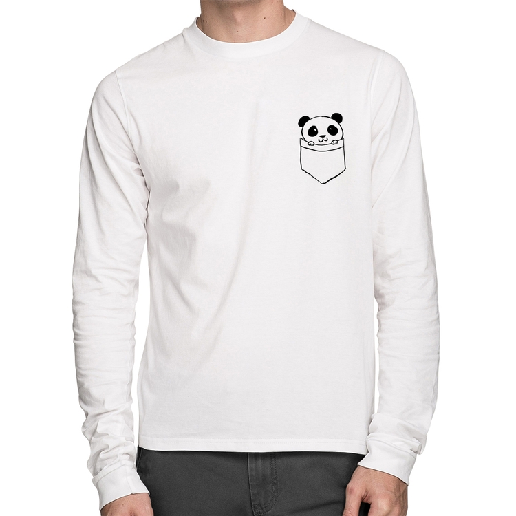 Camiseta Algodão Pocket Panda Manga Longa - Branca