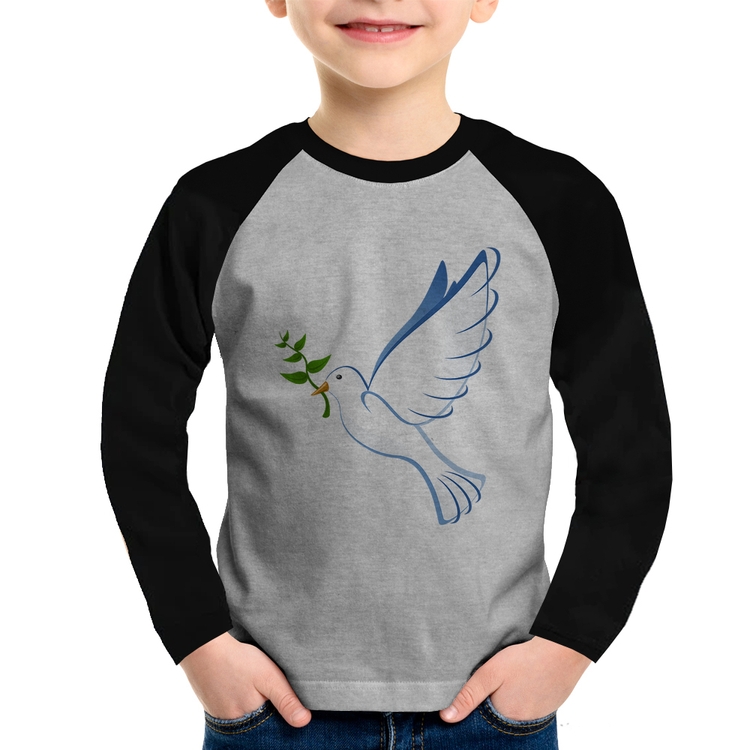 Camiseta Raglan Infantil Pomba da Paz Manga Longa - Cinza/Preto