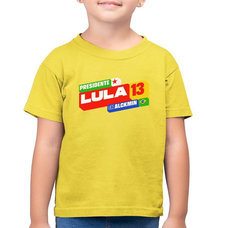 Camiseta Algodão Infantil Presidente Lula 13 PT 2026 - Amarelo Canário