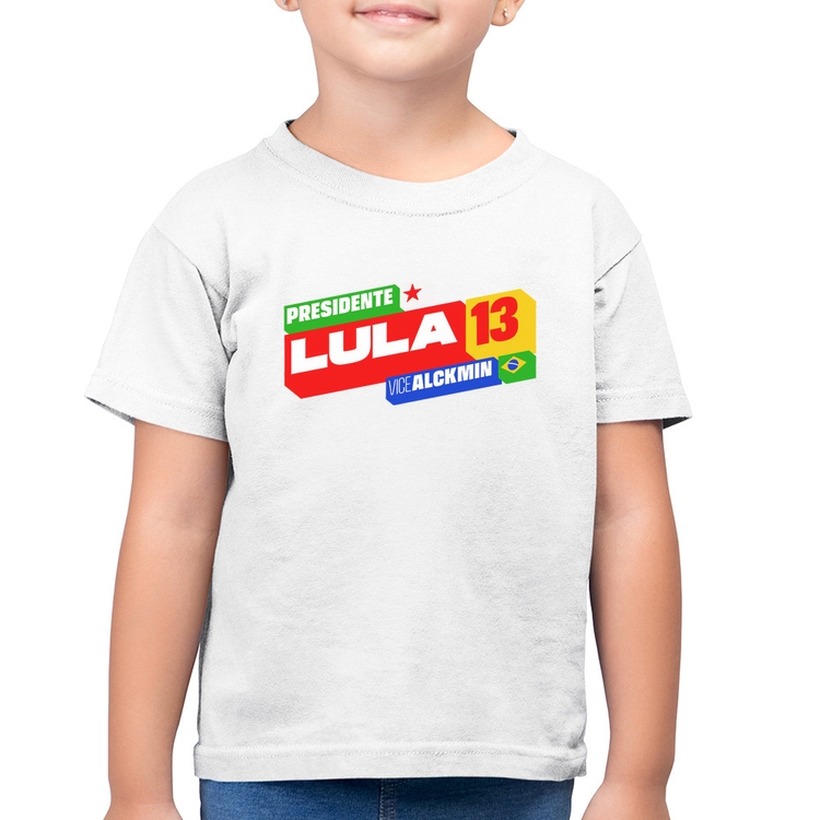 Camiseta Algodão Infantil Presidente Lula 13 PT 2026 - Branca