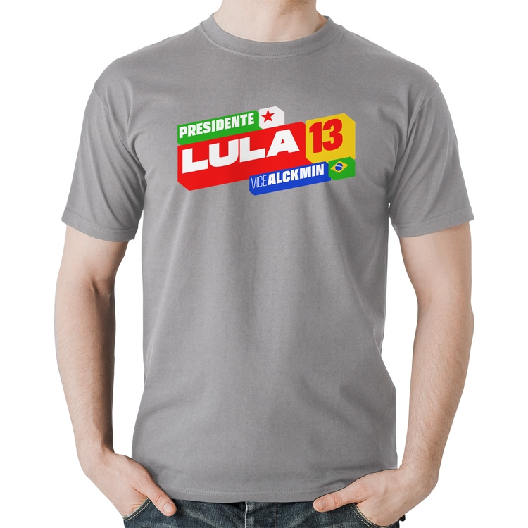 Camiseta Algodão Presidente Lula 13 PT 2026 - Cinza