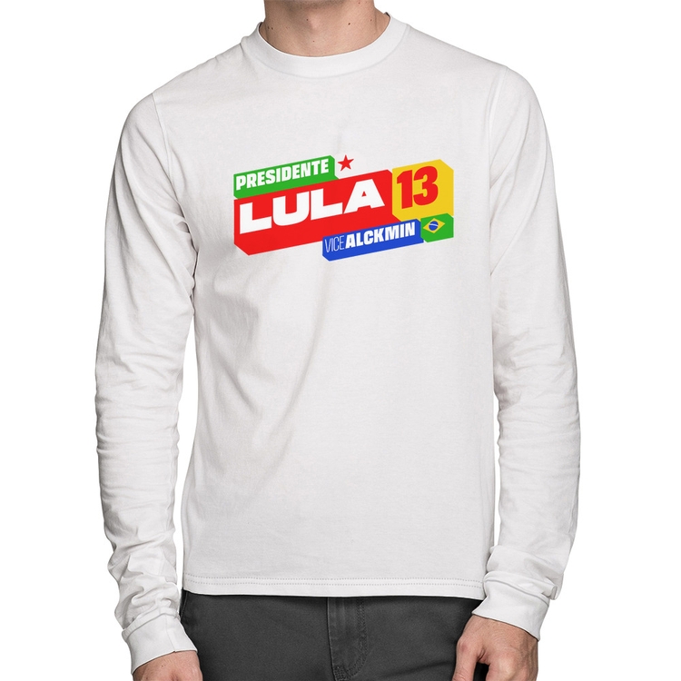 Camiseta Algodão Presidente Lula 13 PT 2026 Manga Longa - Branca