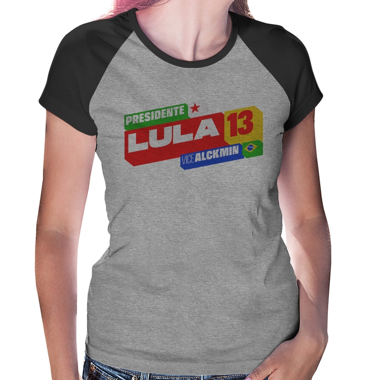 Baby Look Raglan Presidente Lula 13 PT 2026 - Cinza/Preto