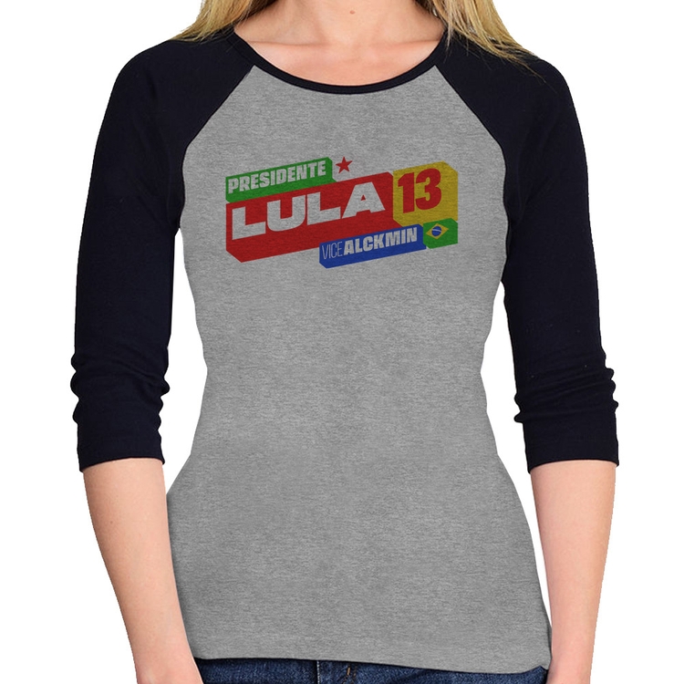 Baby Look Raglan Presidente Lula 13 PT 2026 Manga 3/4 - Cinza/Preto
